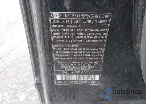 2012 Land Rover Range Rover Sport Hse из США, поврежденный, VIN SALSK2D44CA744915